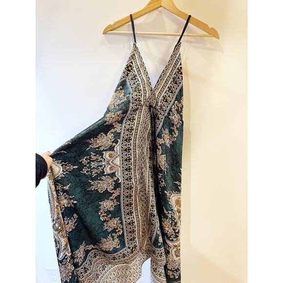 Thai Silk Green V-Cut Asymmetrical Hem Back Cross Strap Paisley Print Dress - Picture 12 of 12